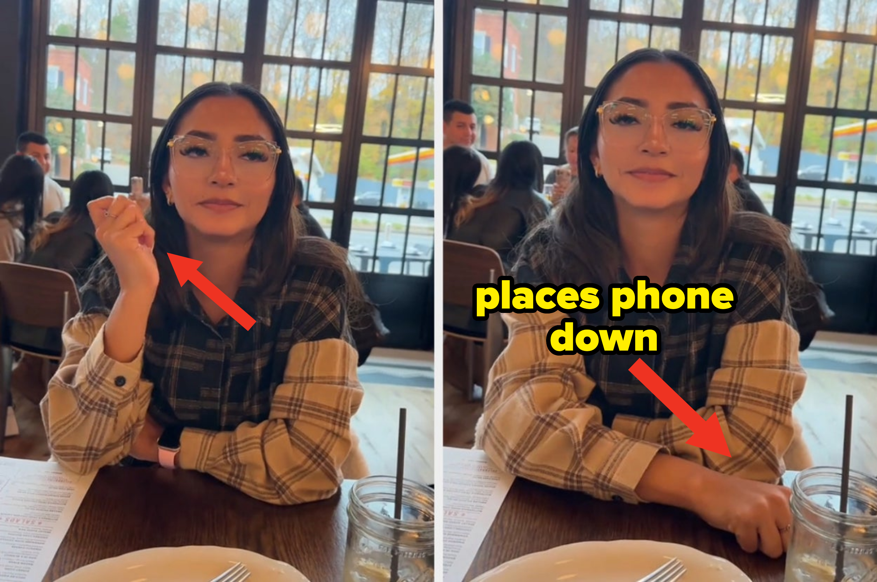 woman hanging up phone by placing an imaginary phone down