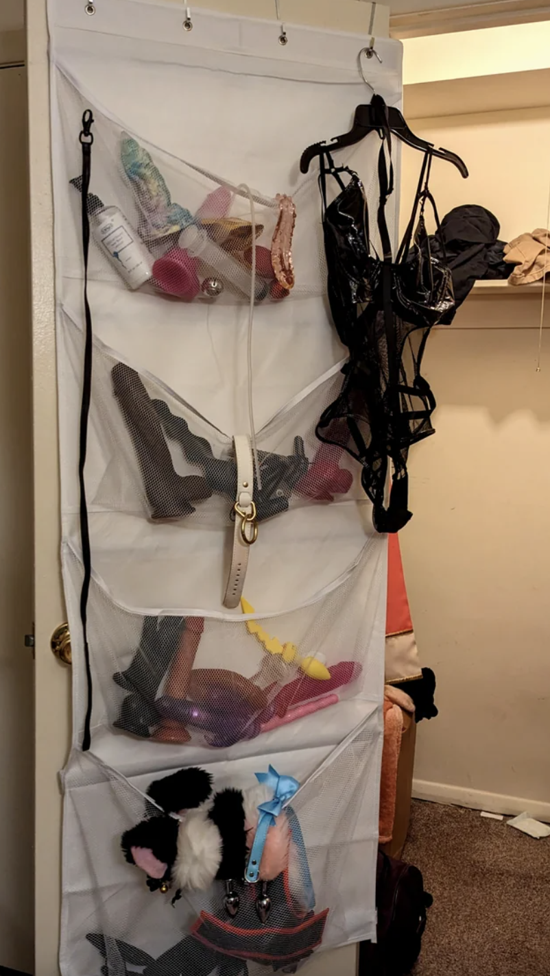 Dildos and sex toys in a shoe rack on a closet door