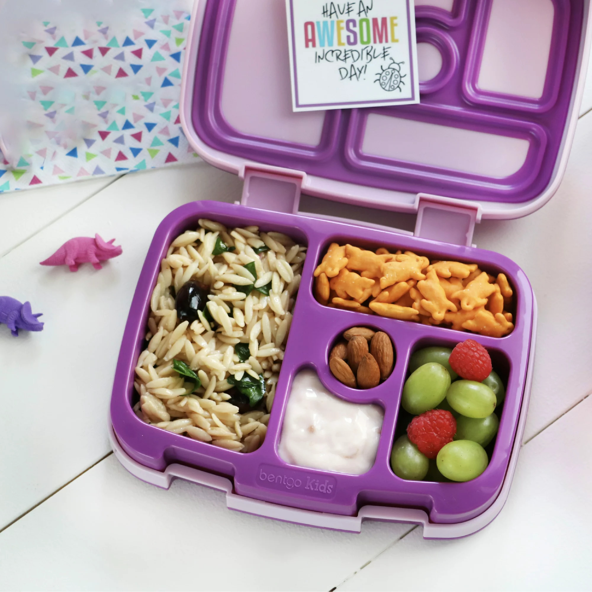 Purple lunchbox filled with food