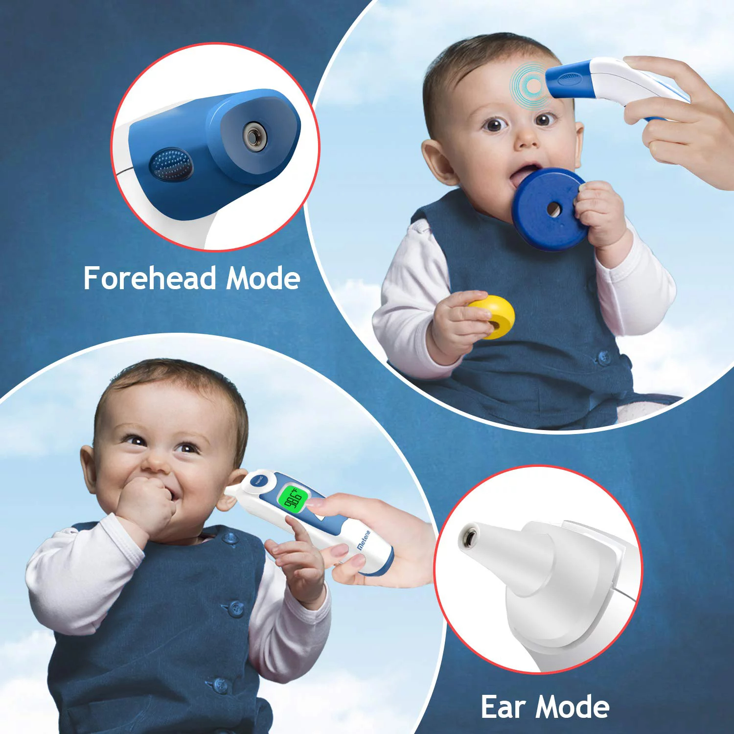 Hand holding white thermometer to child&#x27;s forehead and ear