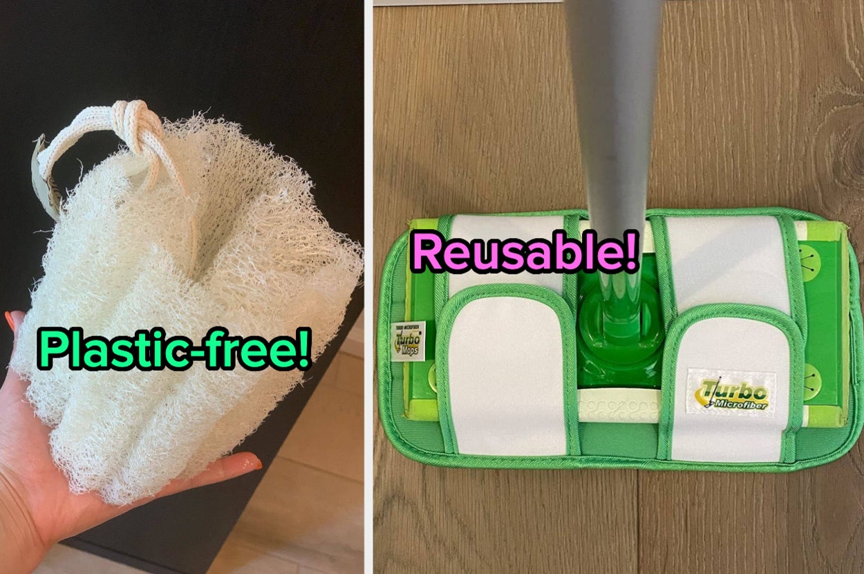 L: a reviewer holding a natural loofah with text reading "plastic-free", R: a reusable mop pad on a Swiffer and text reading "Reusable!"