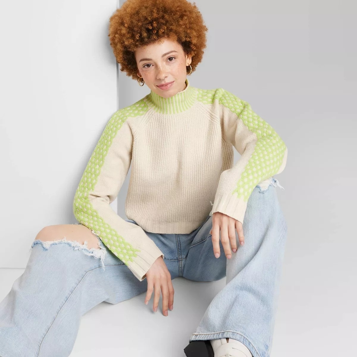 mock turtleneck sweater in off white with green detailing