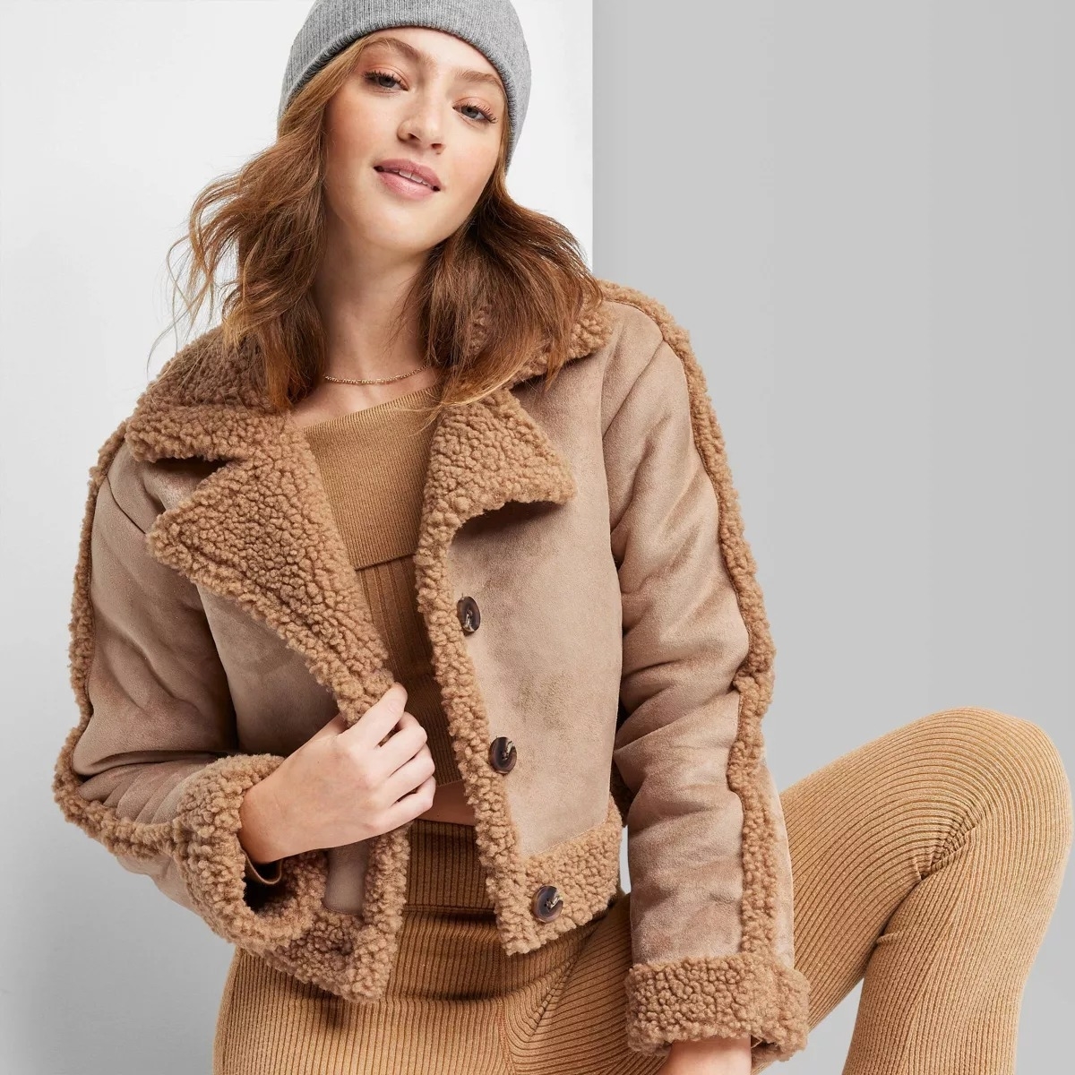 shearling jacket in color brown on model