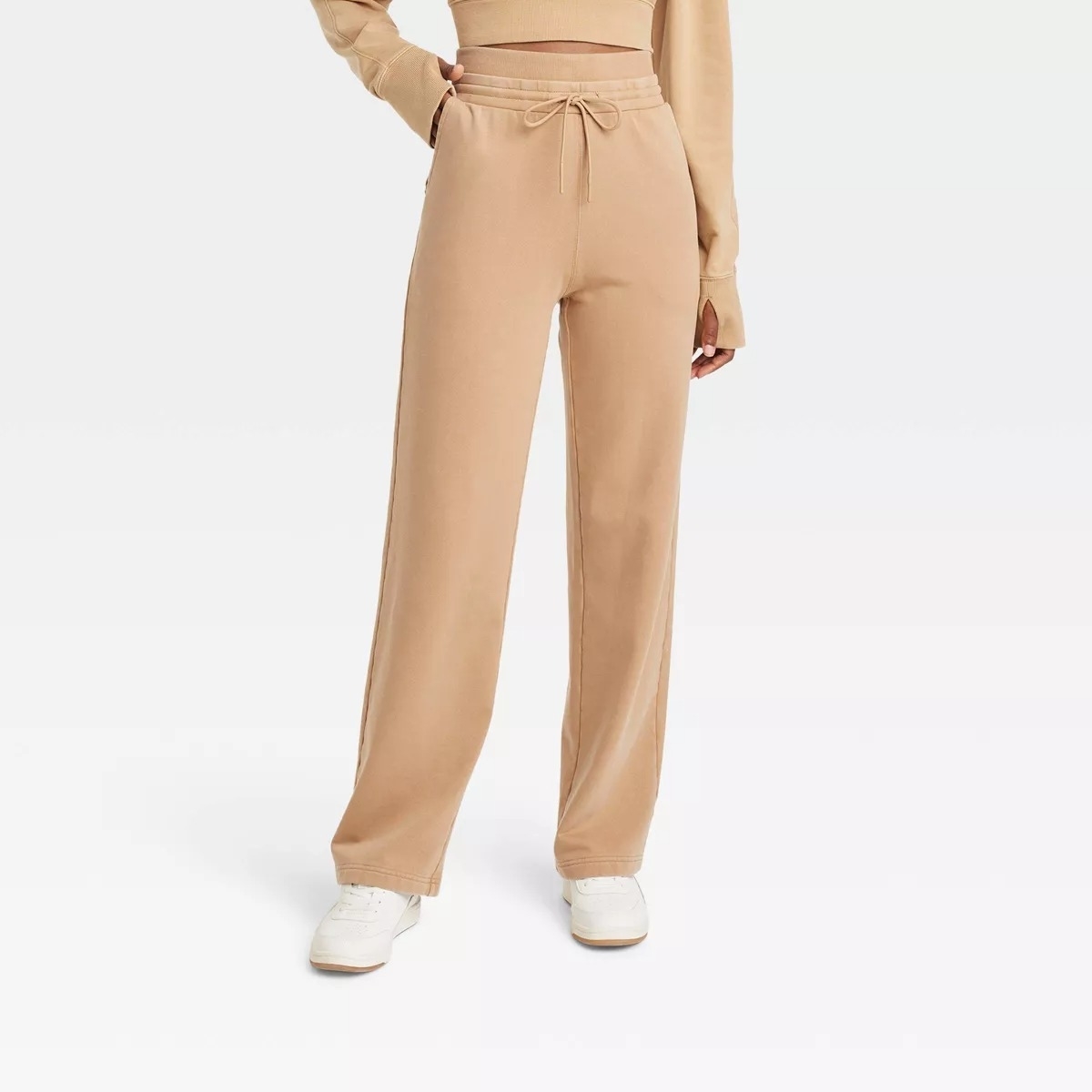high rise sweats on model in color beige