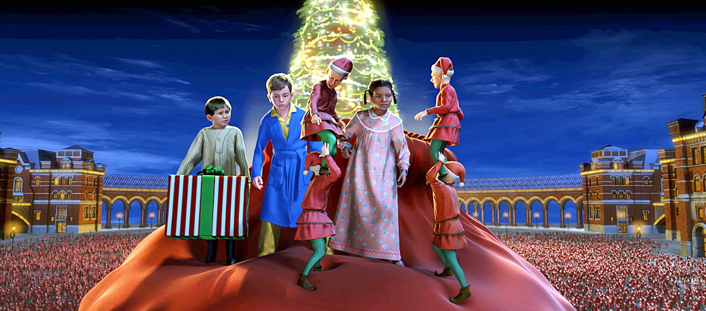 the polar express kids standing on top of a giant sack of presents in their pajamas