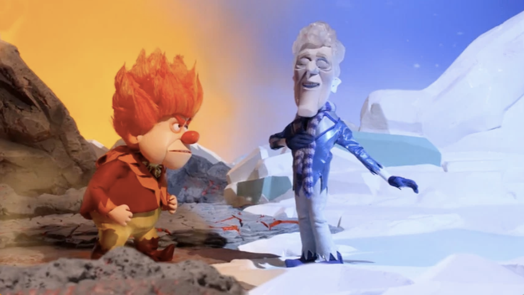 mr heat miser standing in a warm desert and mr snow miser standing on a snowy hill