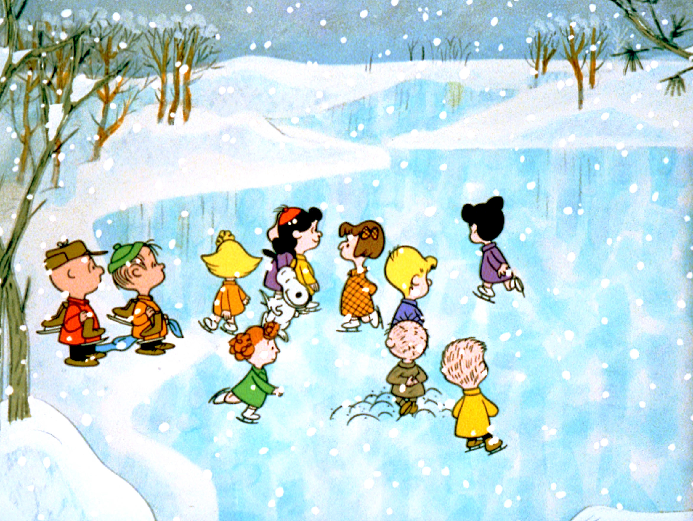 the peanuts gang ice skating on a frozen pond