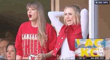 Taylor Swift and Brittney Mahomes cheer excitedly.