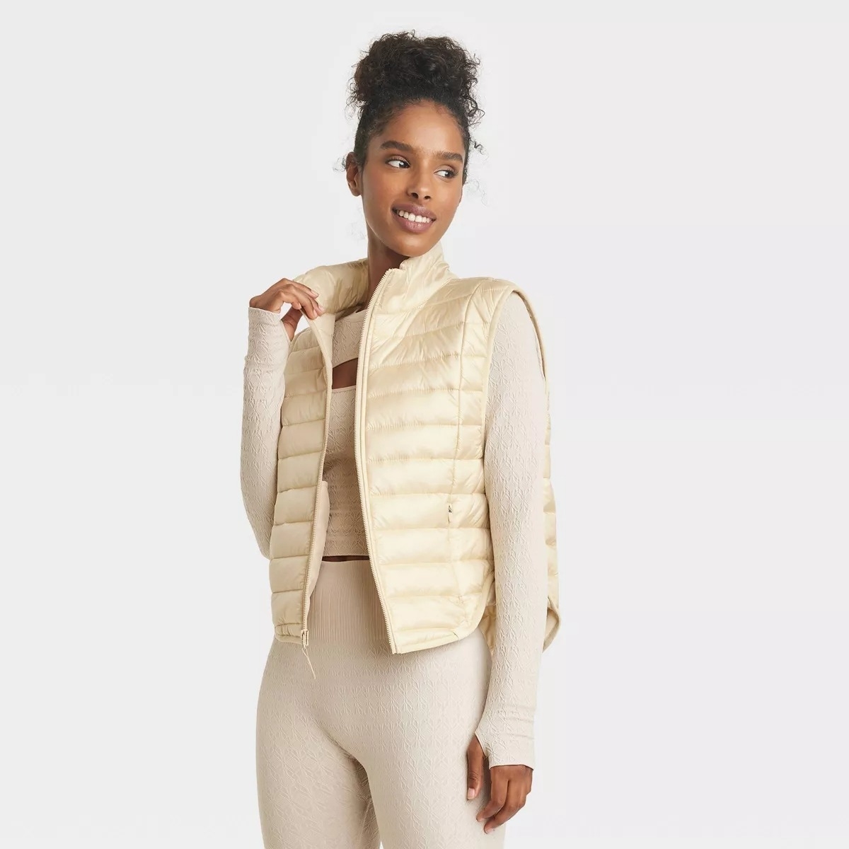 lightweight quilted puffer vest on model