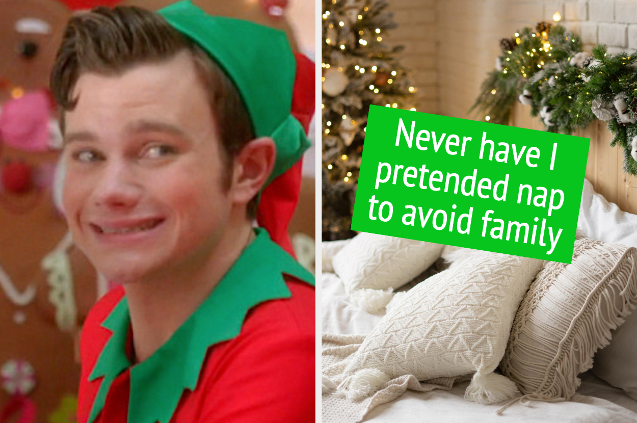 Kurt Hummel from "Glee" dressed as an elf and cringing. A Christmas decorated bedroom.