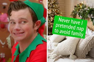 Kurt Hummel from "Glee" dressed as an elf and cringing. A Christmas decorated bedroom.