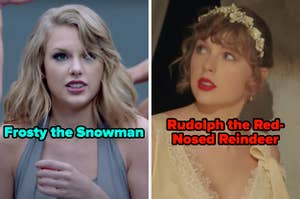 On the left, Taylor Swift in the Shake It Off music video labeled Frosty the Snowman, and on the right, Taylor in the Willow music video labeled Rudolph the Red-Nosed Reindeer