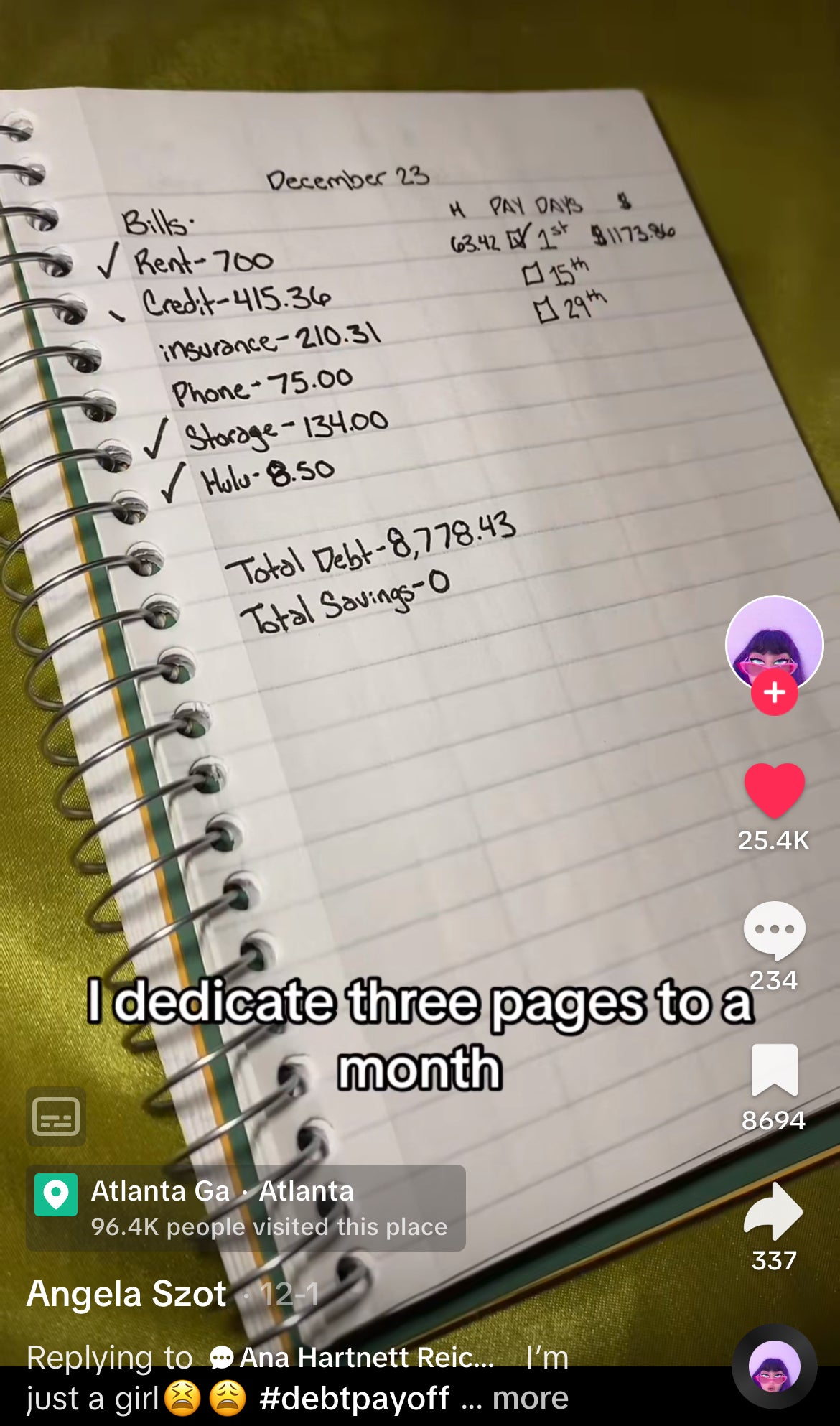 Angela's notebook open to the page for December 23, with bills, pay dates, total debt, and savings