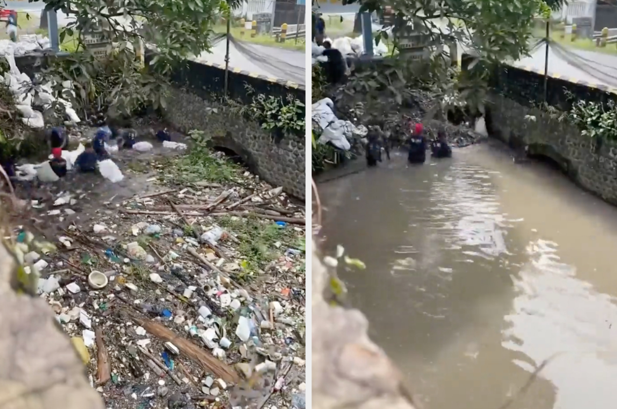 Water in a canal filled with garbage and then water still murky, but garbage gone