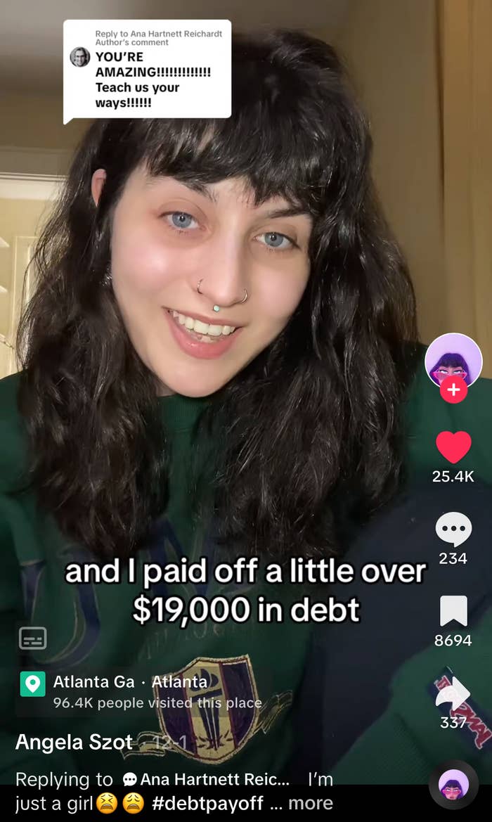 Screenshot of Angela smiling with caption &quot;I paid off a little over $19,000 in debt&quot;