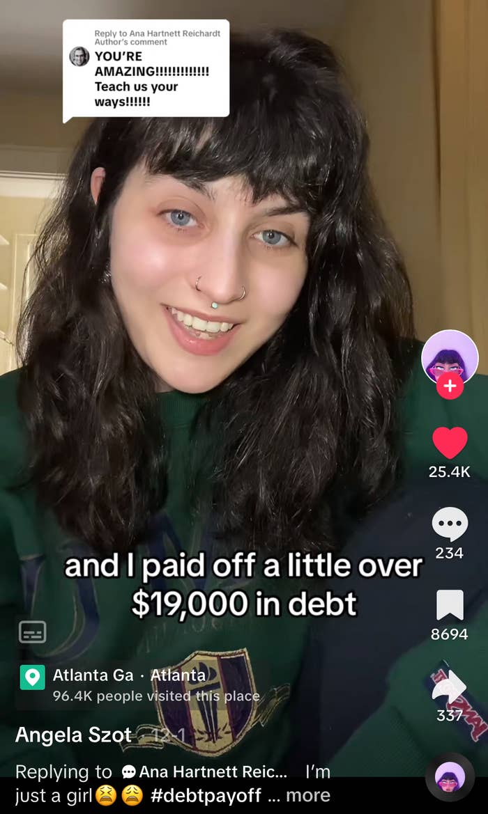 Screenshot of Angela smiling with caption "I paid off a little over $19,000 in debt"