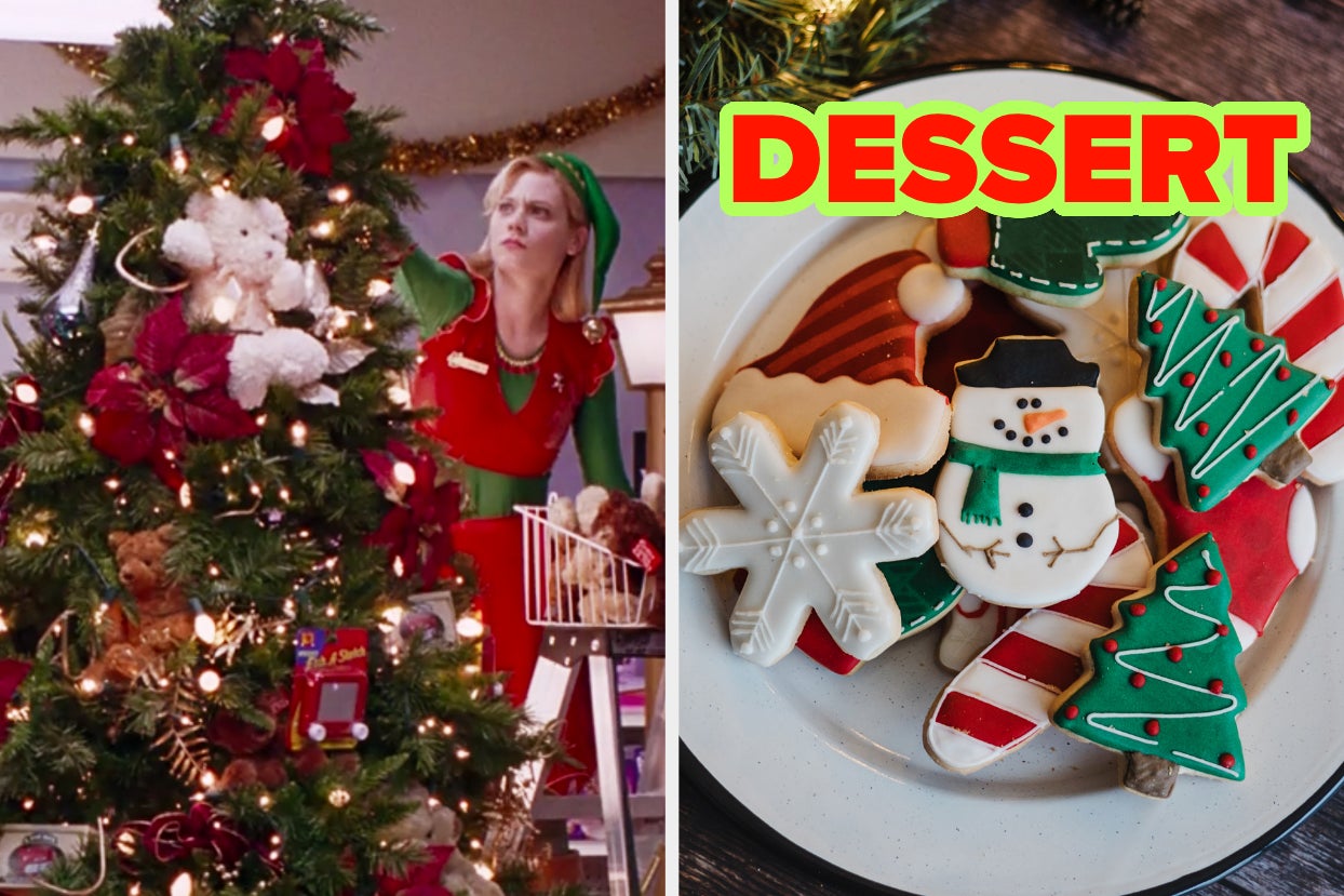 On the left, Jovie from Elf decorating a Christmas tree, and on the right, a plate of frosted festive sugar cookies labeled dessert