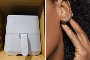 air fryer on shelf, model wearing butterfly earrings