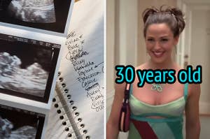 On the left, a spiral notebook filled with names next to baby ultrasound pictures, and on the right, Jennifer Garner smiling as Jenna in13 Going on 30 with 30 years old typed under her chin