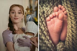 On the left, Daphne from Bridgerton holding a baby, and on the right, a closeup of baby feet