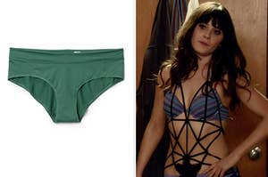 A picture of hipster undies next to a separate image of Zooey Deschanel in "New Girl" wearing a bra and panties with a harness over it