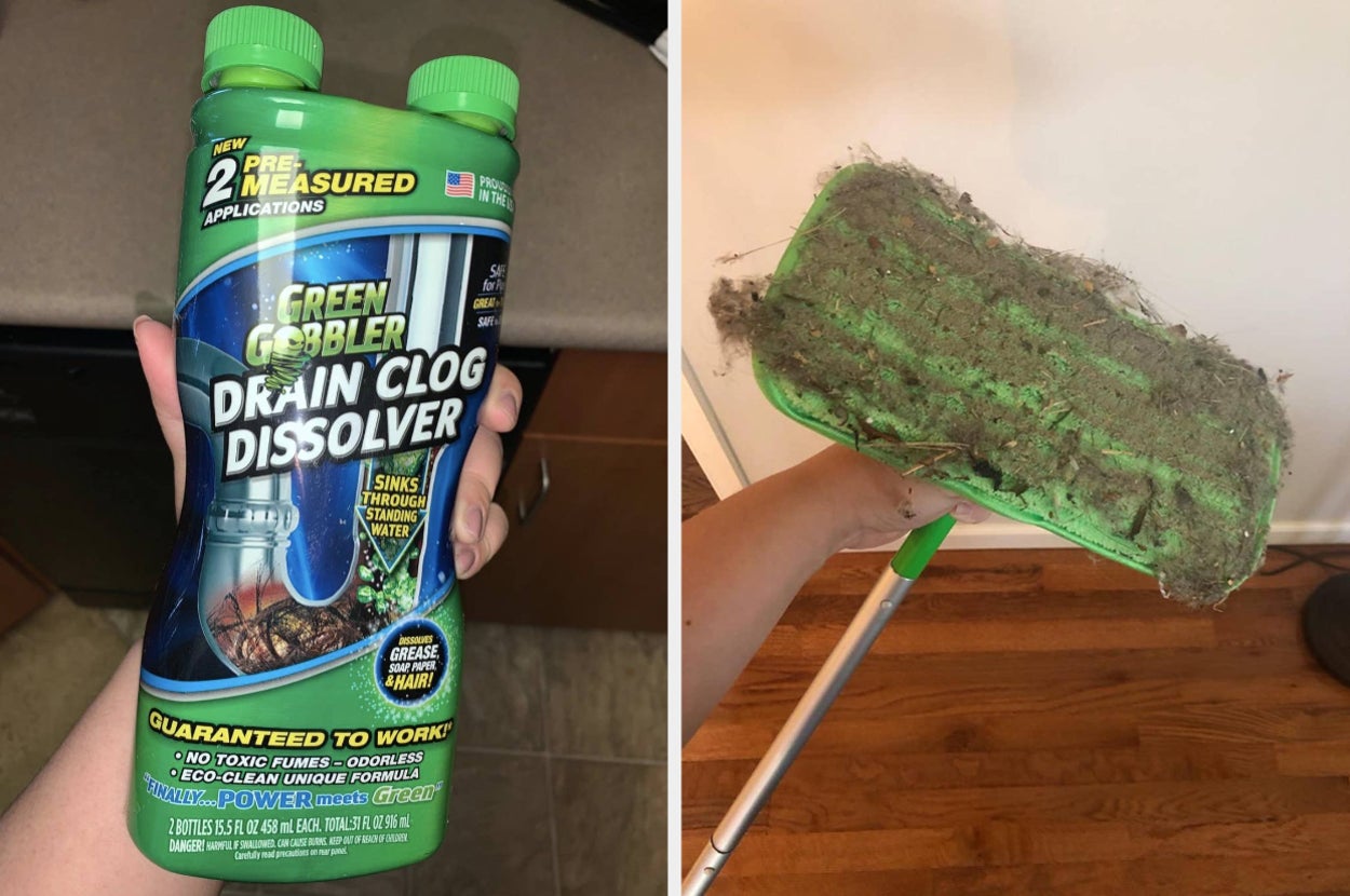bottle of drain clog remover, swiffer wet mop cover