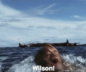 Tom floundering and sputtering in the water, yelling for Wilson, the volleyball