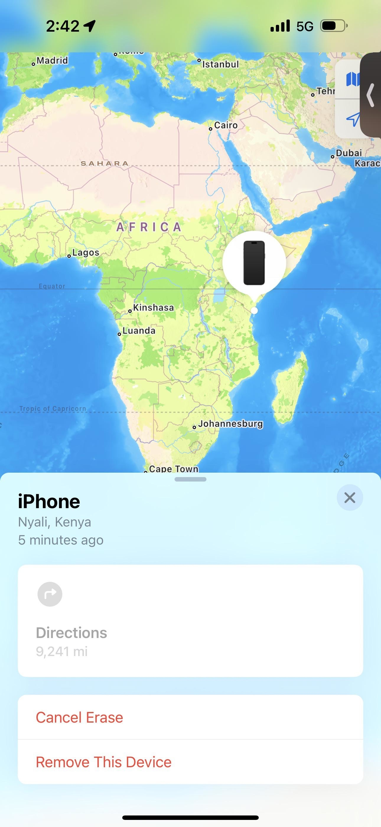 A screenshot of a stolen iPhone&#x27;s location