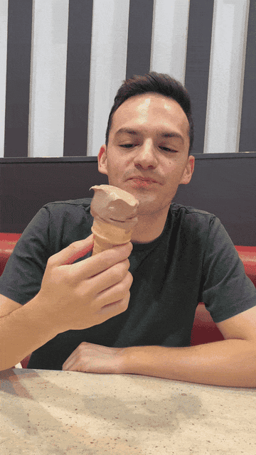 Animated GIF showing creative ways to dress up a chocolate soft serve cone, like adding toppings and sauces.
