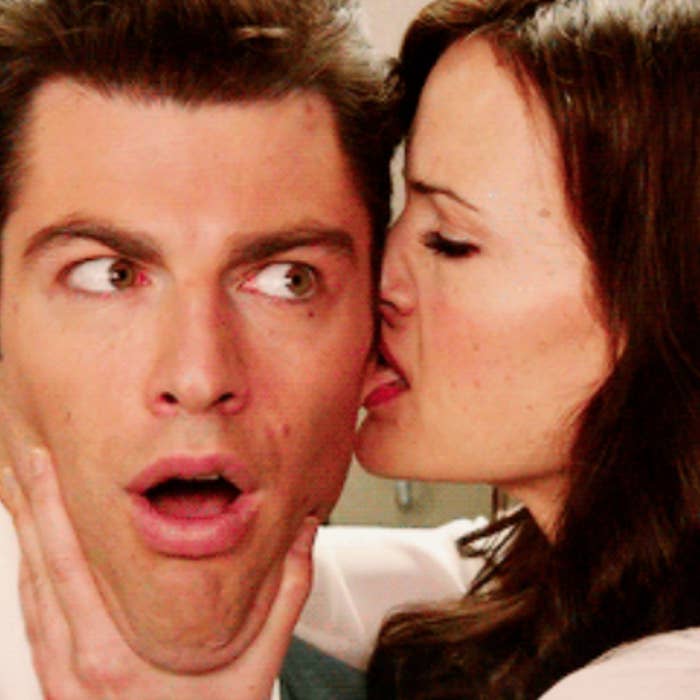 Max Greenfield looking shocked as Carla Gugino licks his cheek in &quot;New Girl&quot;