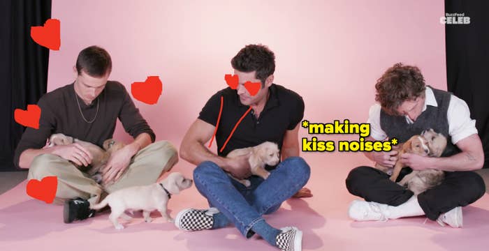 Harris, Zac, and Jeremy playing with puppies
