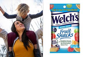 mom and son next to welchs fruit snacks