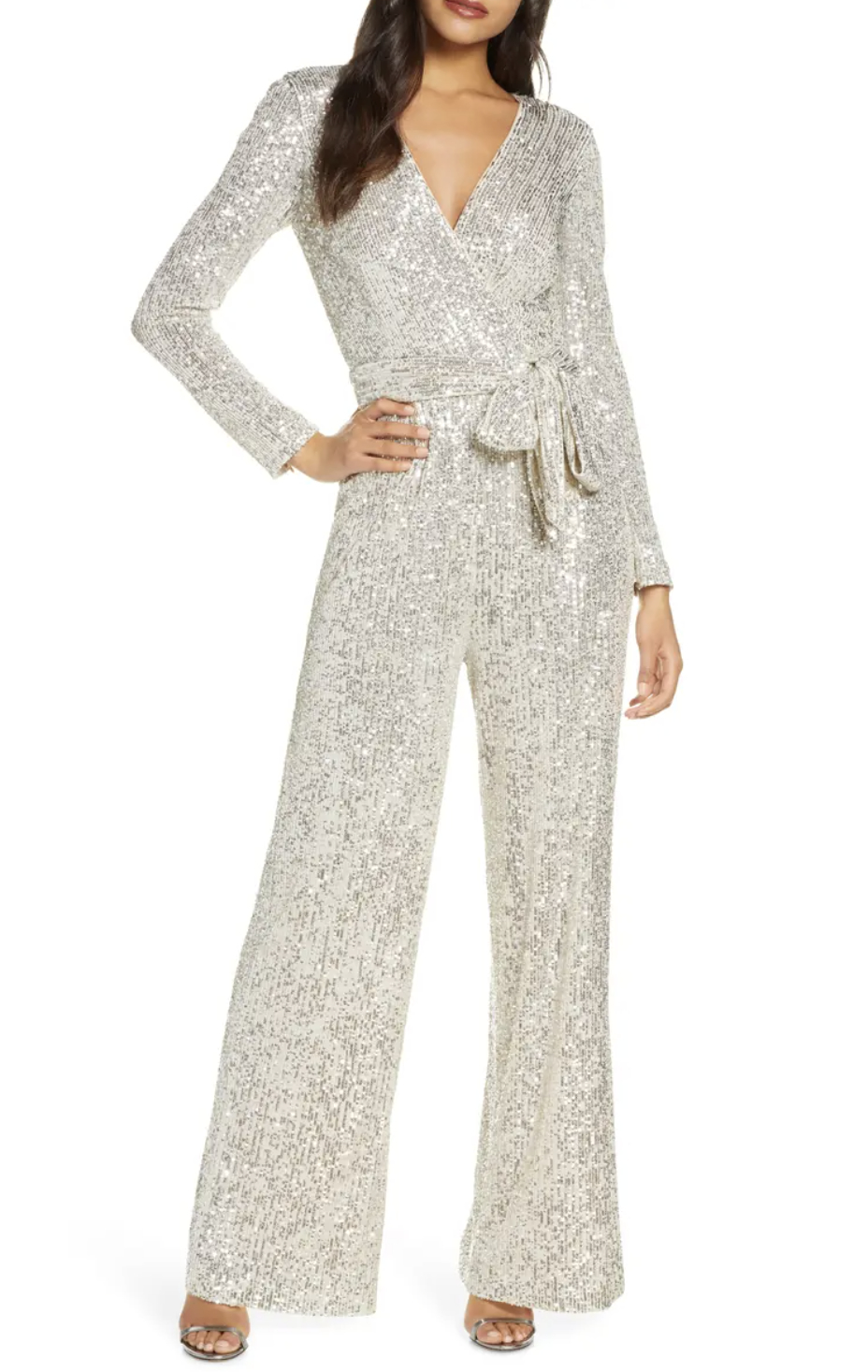 Model in the wrap front jumpsuit