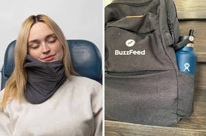 photo of a woman in a neck pillow and a photo of a backpack with a stainless steel cup