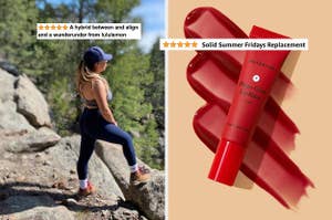 leggings with text 'hybrid between align and wunderunder from lululemon" ; lip balm with text "solid summer fridays replacement"