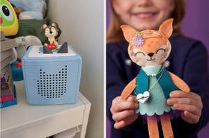 to the left: a blue tonies box, to the right: a craft a fox kit