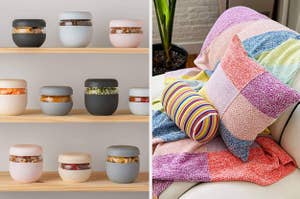 multicolored glass food containers on shelf and multicolored pastel blanket with matching pillow