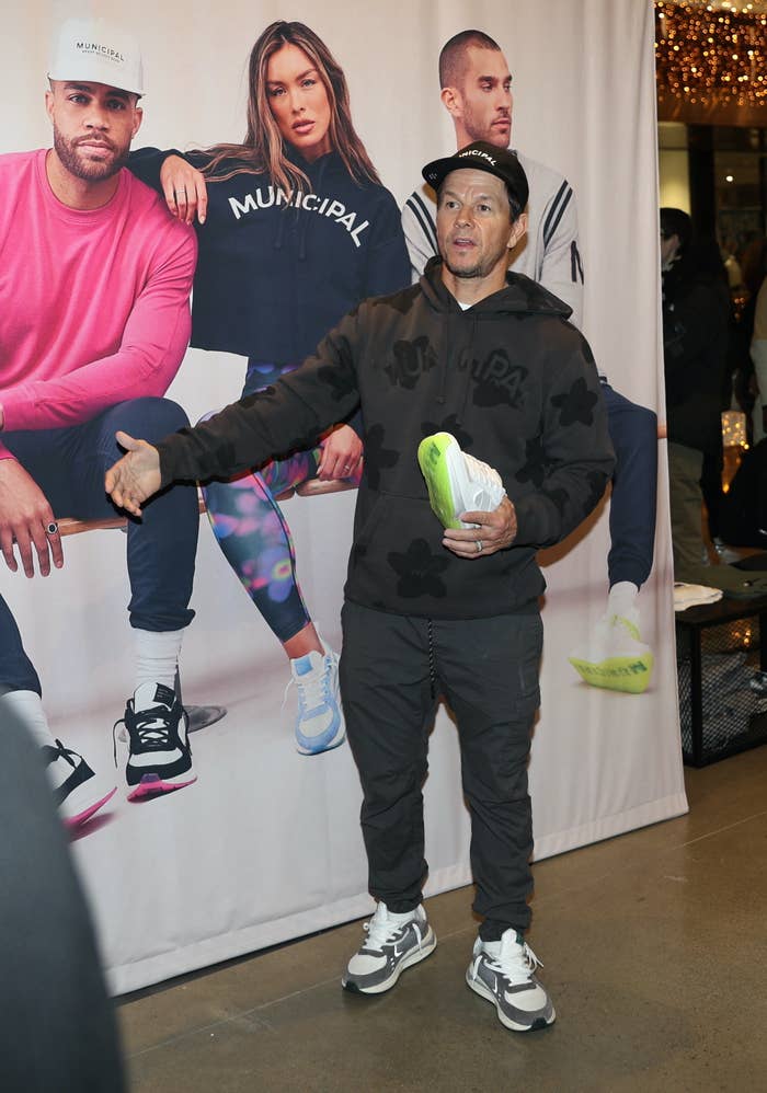Mark Wahlberg wearing Municipal at the pop-up in NYC.