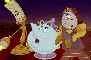 Lumiere, Mrs. Potts, and Cogsworth from Beauty and the Beast