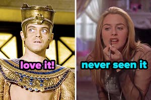On the left, Rami Malek as Ahkmenrah in Night at the Museum labeled love it, and on the right, Cher from Clueless labeled never seen it