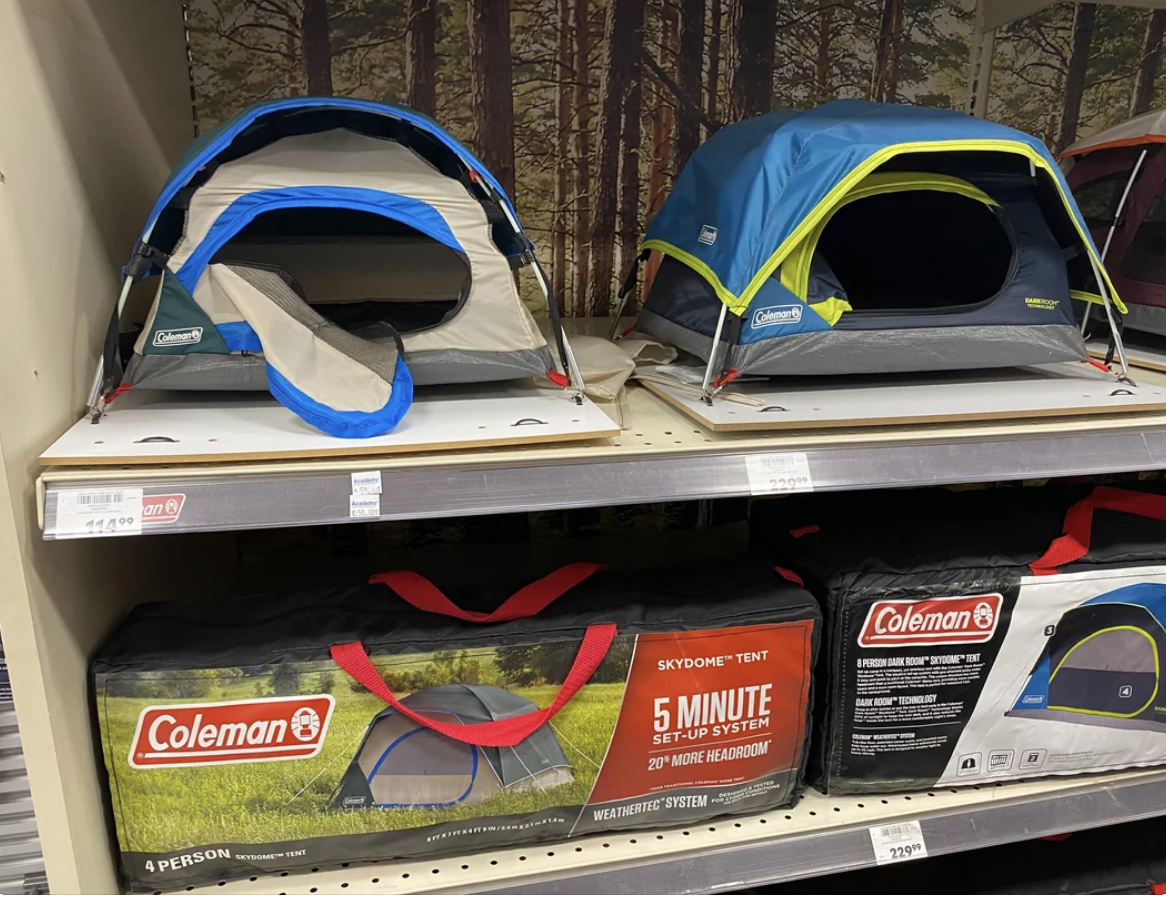 Mini tents on a shelf