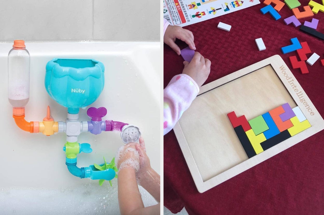 to the left: water bath tubes, to the right: a wooden tetris toy