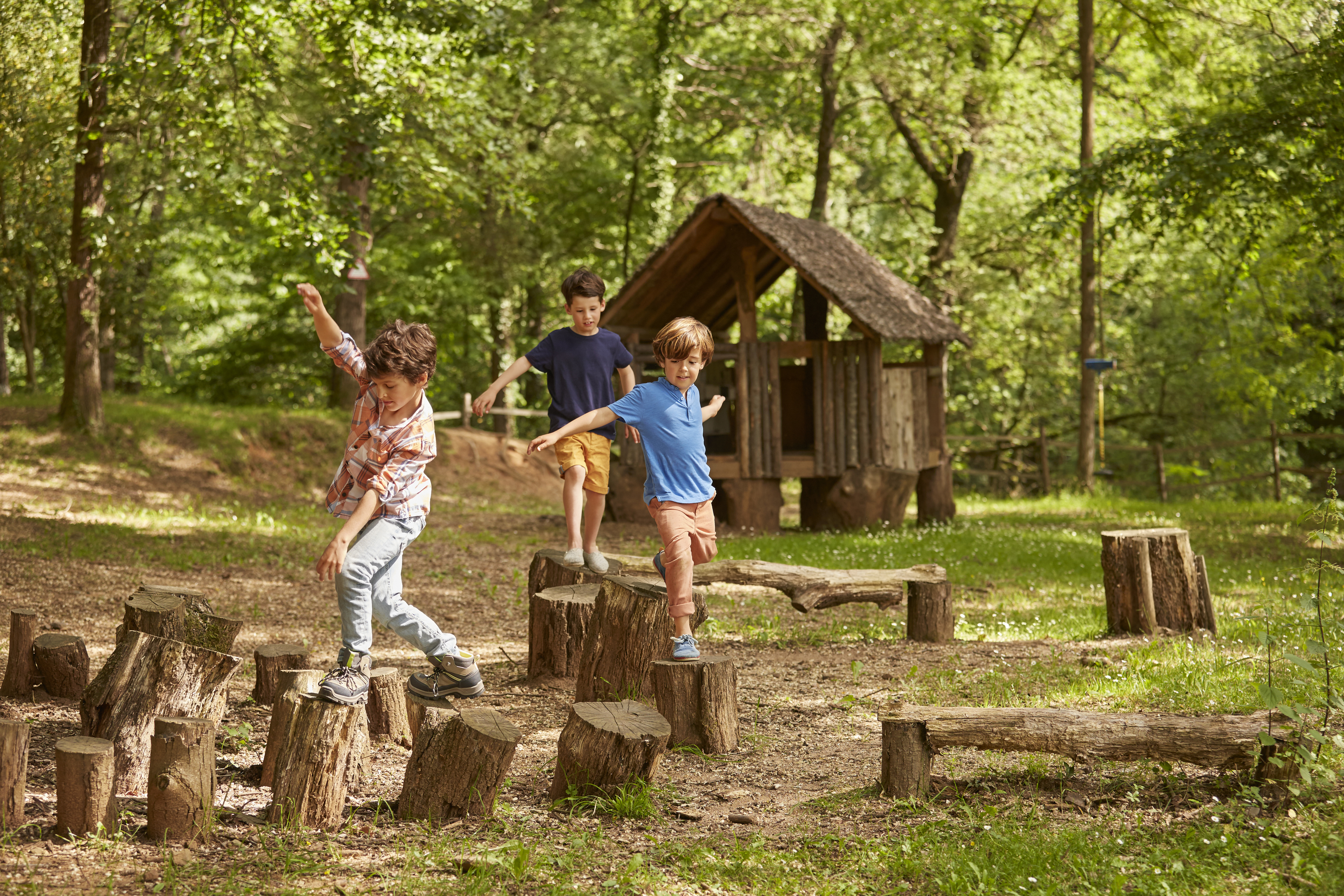 Three boys playing in a wooded area