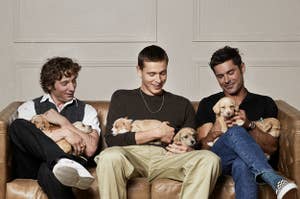 Jeremy Allen White Harrison Dickinson and Zac Efron sit and hold puppies in BuzzFeeds puppy interview
