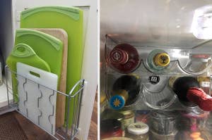  cabinet door organizer holding cutting boards / reviewer's space-saving wine rack in fridge holding bottles