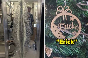 a mirror with a large slit in the middle, and an ornament that says "erick" in the center