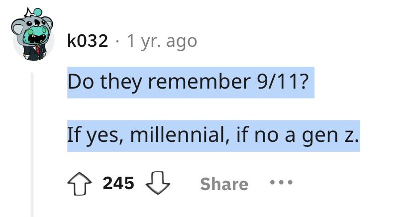 User on Reddit asking: &quot;Do they remember 9/11? If yes, millennial, if no a Gen Z&quot;