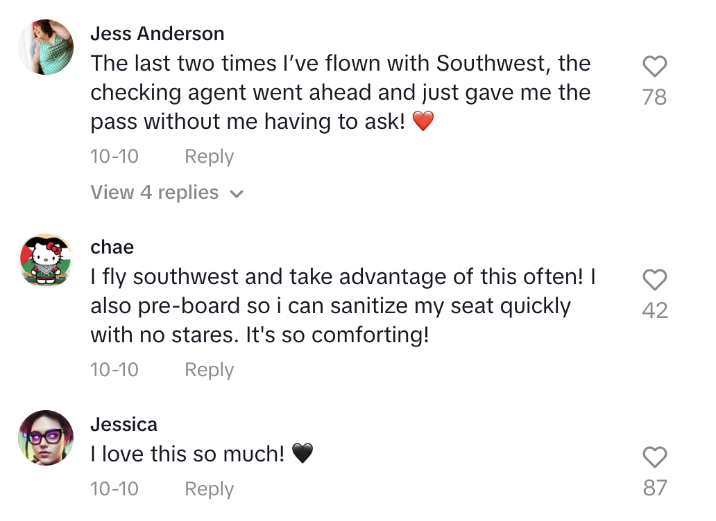 &quot;The last two times I&#x27;ve flown with Southwest, the checking agent went ahead and just gave me the pass without me having to ask&quot; and &quot;I fly Southwest and take advantage of this often! I also preboard so I can sanitize my seat quickly with no stares&quot;