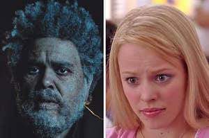 On the left, The Weeknd in old age makeup on the Dawn FM album cover, and on the right, Regina George
