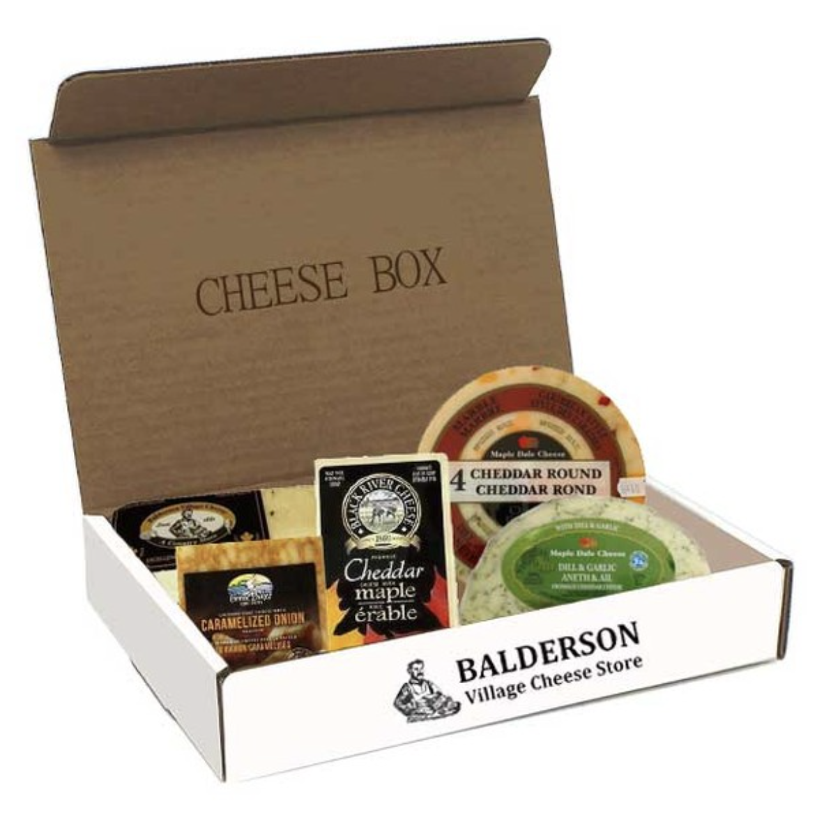 A cardboard box, opened and full of various cheeses.